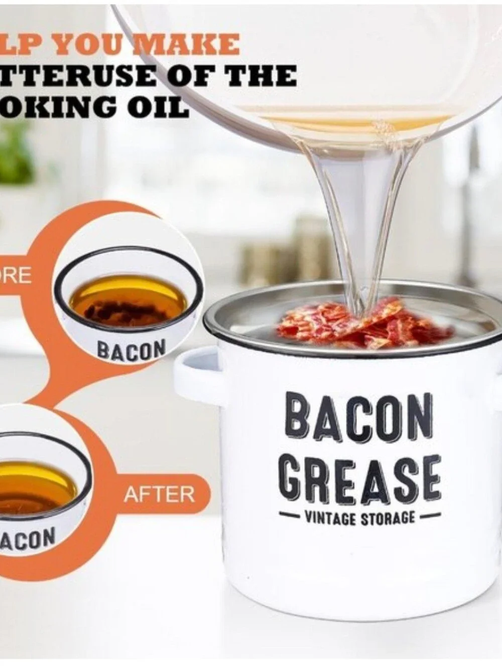 Large Enamel Bacon Grease Container With Metal Mesh Strainer And Lid